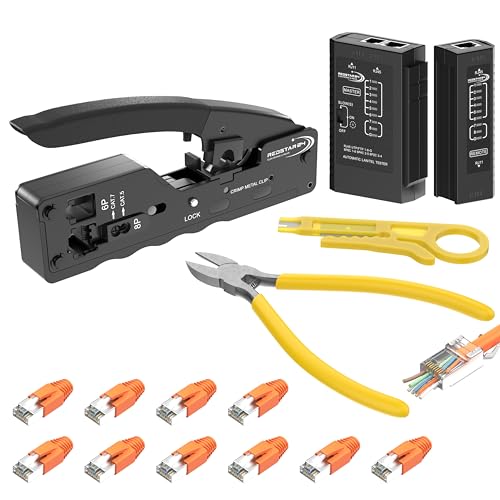 Redstar24 Netzwerk Werkzeug SET Crimpzange RJ45 Stecker Cat7 / Pass Through/Lan Netzwerktester/Seitenschneider/Abisolierer/Crimpstecker/Netzwerkkabel Reparaturwerkzeug/Netzwerkstecker 10x von RedStar24