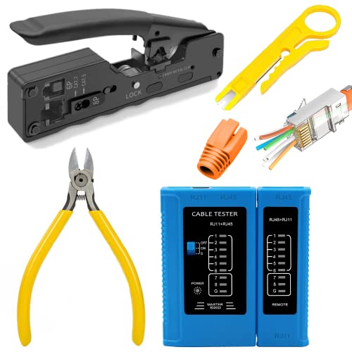 Redstar24 Netzwerk Werkzeug SET Crimpzange RJ45 Stecker Cat7 / Pass Through/Lan Netzwerktester/Seitenschneider/Abisolierer/Crimpstecker/Netzwerkkabel Reparaturwerkzeug/Netzwerkstecker 10x von RedStar24