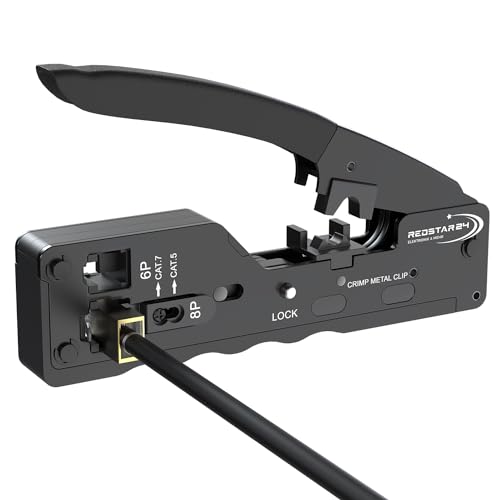 Redstar24 RJ45 Crimpzange Ethernet | LAN Zange für RJ45-Stecker CAT8 CAT7 CAT6A CAT6 CAT5 CAT5e inkl. RJ11/RJ12, optimal für Netzwerk- & Telefonkabel, Verlegekabel sowie 6/8-polige Netzwerkstecker von RedStar24