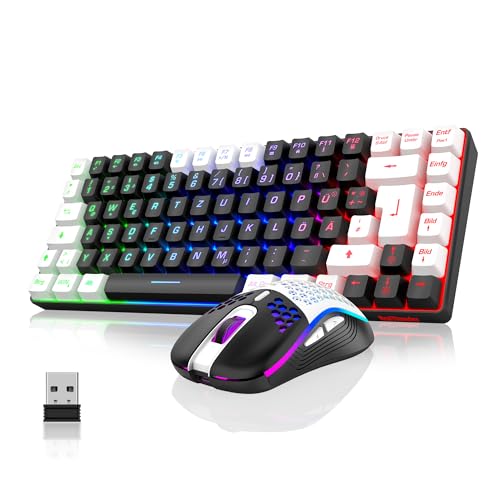 RedThunder 75% Kabelloses Gaming Tastatur und Maus Set, DE TKL Layout, 85 Tasten, Wiederaufladbar Kompakt, Ultraleicht 7200DPI-Maus mit Honeycomb Konstruktion für PC Mac PS5 Xbox Gamer (Schwarz-weiß) von RedThunder