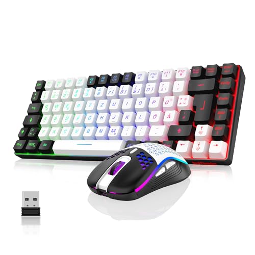 RedThunder 75% Kabelloses Gaming Tastatur und Maus Set, DE TKL Layout, 85 Tasten, Wiederaufladbar Kompakt, Ultraleicht 7200DPI-Maus mit Honeycomb Konstruktion für PC Mac PS5 Xbox Gamer (Weiß-Schwarz) von RedThunder