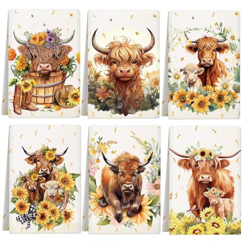 Redbaker Geschirrtücher mit Highland-Rindermotiv, saugfähig, Bauernhofrinder, Aquarell-Blumenmotiv, Sonnenblumen-Handtücher, Einweihungsgeschenk für Bauernhaus, Küche, 6 Stück von Redbaker