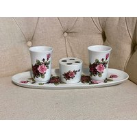 Vintage Eitelkeit Set Porzellan Kommode Dekor Gerold West Germany Handbemalt Rosen Zahnbürstenhalter Zwei Tassen Oval Tablett Geschenk von ReddUpTheHouse