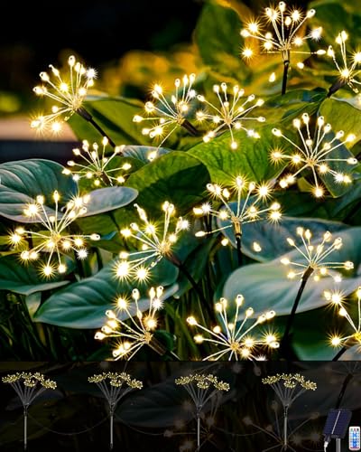 Redefun Gartendeko Solarleuchten für Außen 4 x 160 LED Solarstecker Gartenbeleuchtung, Solarlichter Pusteblume mit Fernsteuerung,Timer, Wasserdicht Solarlampen Feuerwerk für Patio Yard Garten Deko von Redefun