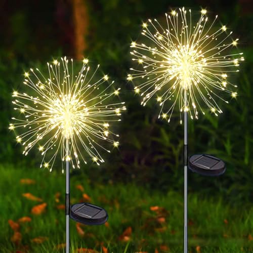 Redefun Solar Gartendeko 2 Stück 120LED Solar Gartenleuchten, 8 Modi Solarleuchte Feuerwerk Wasserdicht Gartenstecker Pusteblume Solarlampen für Außen Balkon Terrasse Deko(Warmweiß) von Redefun