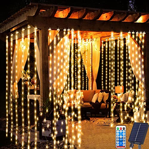 Redefun Solar Lichtervorhang Aussen 3M x 3M 300LED Lichterkette vorhang, 8 Modi Wasserdicht Solar Wasserfall Lichter mit Fernsteuerung,Timer für Außen Pavillon Balkon Hochzeit Deko(Warmweiß) von Redefun