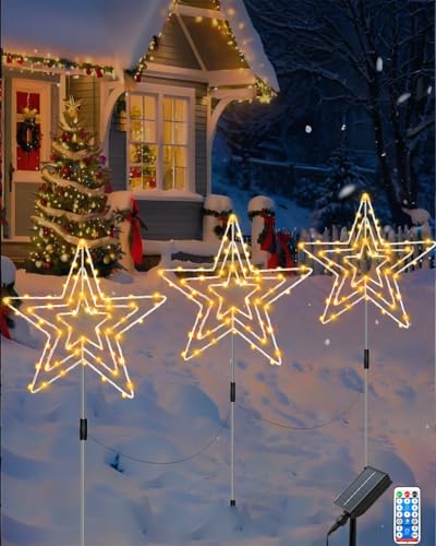 Redefun Solar Weihnachtsbeleuchtung Außen Stern 3 x 75 LED Gartenstecker Weihnachten Beleuchtet, 8 Modi Gartenstecker Stern mit Fernbedienung wasserdichte Weihnachtsstern for Garten Weihnachten Deko von Redefun