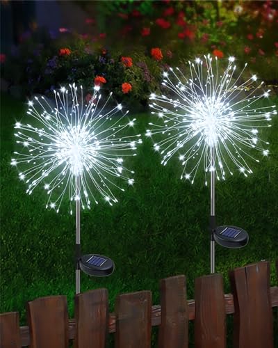 Redefun Solarlicht Gartendeko 2 Stück 120LED Solar Gartenleuchten Außen, 8 Modi Gartenstecker Pusteblume Solarlampen Wasserdicht Solarleuchte Feuerwerk für Außen Balkon Terrasse Deko(Kaltweiß) von Redefun