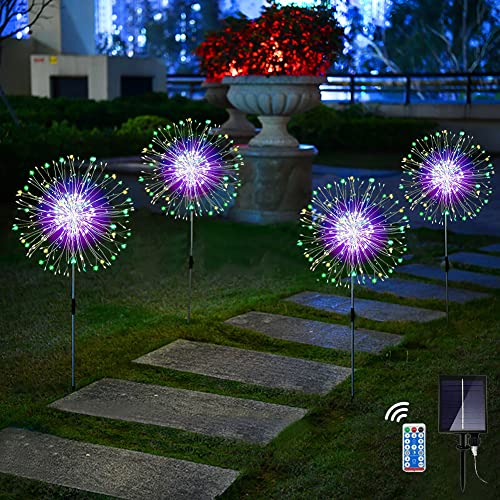 Redefun Solarstecker Gartenleuchten 4 x 120 LED Gartendeko Solarlicht, 8 Modi Garten Pusteblume Solarlampen Wasserdicht Solarleuchte Feuerwerk mit Fernsteuerung，Timer für Außen Deko(Mehrfarbig) von Redefun