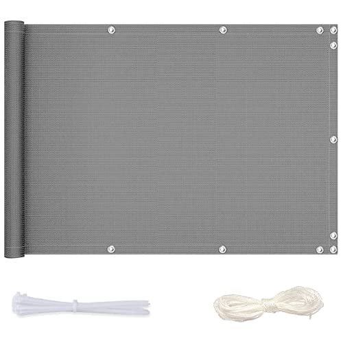 Redfire Balkonverkleidung 80x300cm,Wetterfester Balkonbespannung Sichtschutz Blickdichte Wind Balkonabschirmung mit Ösen Nylon Kabelbinder und Kordel für Balkon,Hellgrau von Redfire