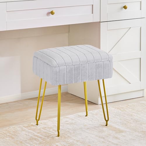 Redlife schminktisch Stuhl, sitzhocker mit stauraum, Ottomanischer Fußhoker, Ottomane für Wohnzimmer, Kunstpelz Schminkstuhl mit Goldmetallbeinen (Silbergrau) von Redlifeᅟᅠ