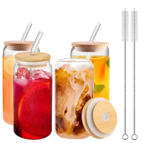 Redomway Eis-Kaffeetassen, Set aus 4 klaren Glastrinkbechern mit Bambusdeckeln und Strohhalmen, kannförmige Trinkbecher für Cocktails, Eiskaffee, Bubble Tea, Milch oder Bier von Redomway