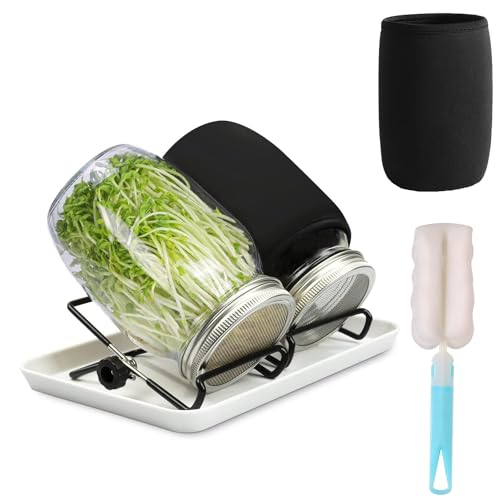 Redomway Sprouting Jar Kit, 2 Pcs 32 Oz Wide Mouth Sprouting Jars with Screen Sprout Lid,Sprouting Jar Stand,Tray,Blackout Sleeves,and Canning Brush for Growing Broccoli, Mung Bean von Redomway