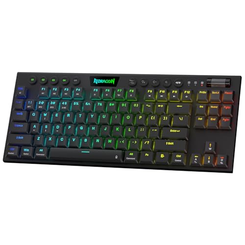 Redragon K621 Horus TKL Wireless RGB Mechanische Tastatur, 5.0 BT/2.4 GHz/Kabelgebundene drei Modi, 80% ultradünne Low-Profile-Bluetooth-Tastatur mit dedizierter Medienkontrolle und linearen roten Schaltern, Schwarz von Redragon