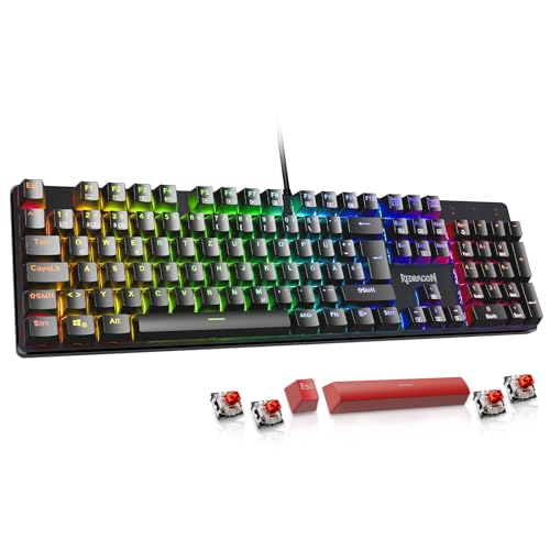 Redragon Mechanische Gaming Tastatur,QWERTZ Deutsches Layout,105 Tasten mit Rote Schaltern, Rainbow LED Backlit,PBT-Tastenkappen/Anti-Ghosting/Stahlgehäuse Gaming Keyboard für PC/Mac Gamer von Redragon
