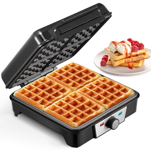 Reemix Waffeleisen für 4 belgische Waffeln, 1200 W Waffel Elektrisch mit Antihaftbeschichtete Platten, Einstellbare Temperatur und Leichte Reinigung, Edelstahl, Farbe: Silber/Schwarz von Reemix