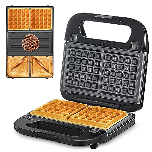 Multifunktionsgerät 3-in-1 [Sandwichmaker, Waffeleisen, Kontaktgrill], Antihaftbeschichtete abnehmbare Platten, 750W, LED-Anzeigen, BPA frei, Schwarz von Reemix