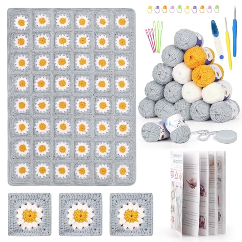 Reessy Häkelsets für Anfänger und Erwachsene, Oma-Häkeldecken-Set mit Anleitung (evtl. nicht in deutscher Sprache), Häkelnadeln, Garnkugeln für Erwachsene, lernen Sie, wie man Gänseblümchen häkelt, von Reessy