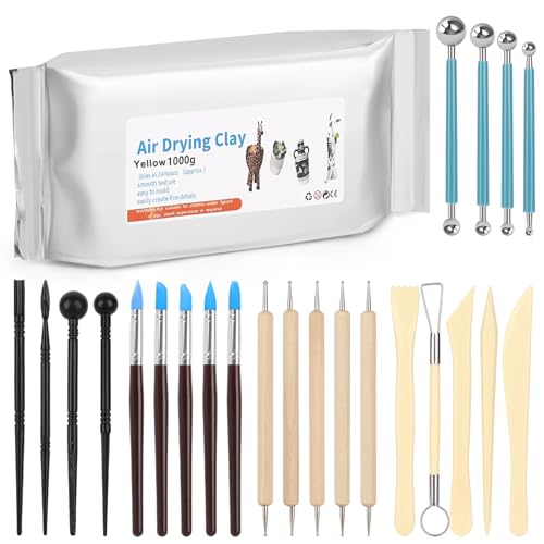 Reessy Lufttrocknender Ton für Erwachsene, 1 kg, lufttrocknender Ton-Set mit 23-teiligem Keramik-Modellierwerkzeug-Set, komplettes Modellierset für Anfänger und Profis, Gelb von Reessy