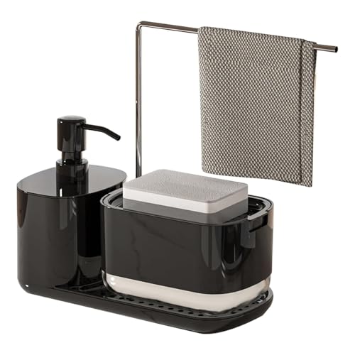 Spülmittelspender Küche Set, 4-in-1 Seifenspender Küche mit Tablett und Schwammhalter, Waschmittel Wiederbefüllbar Spülbecken Organizer mit Handtuchhalter für Küchenspüle und Küchenarbeitsplatte von Refein