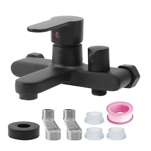 Refein Wandmontage Badewanne Wasserhahn, Messing Dusche Mixer High Flow Bad Waschbecken Armaturen Wandmontage Tub Filler mit Diverter Einhand- Dusche Mixer Wasserhahn G1/ 2 Outlet, schwarz von Refein