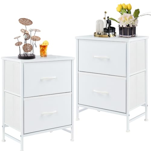 2er-Set Nachttische mit Stoffschubladen – Industrie-Design Nachkommoden mit Metallrahmen & Holzplatte – Beistelltische mit Stauraum für Schlafzimmer, Wohnzimmer, Flur, Kinderzimmer, Weiß von Refined Living