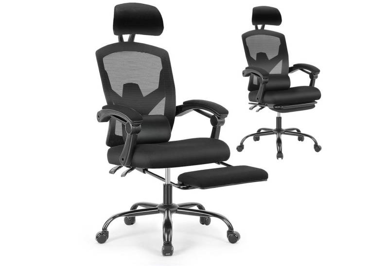 Refined Living Bürostuhl Chefsessel Bürostuhl Ergonomisch Verstellbare Kopfstütze 120 Kg (Stuhl mit hoher Rückenlehne Armlehnen mit Netzpolsterung Gaming stuhl, 1 St), Drehstuhl mit Rollen mit Lendenkissen und ausziehbarer Fußstütze von Refined Living