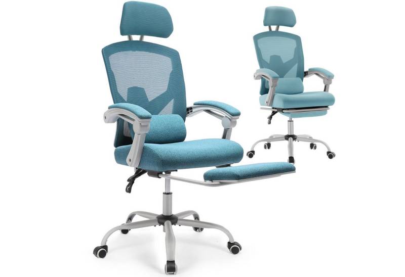 Refined Living Bürostuhl Chefsessel Bürostuhl Ergonomisch Verstellbare Kopfstütze 120 Kg (Stuhl mit hoher Rückenlehne Armlehnen mit Netzpolsterung Gaming stuhl, 1 St), Drehstuhl mit Rollen mit Lendenkissen und ausziehbarer Fußstütze von Refined Living