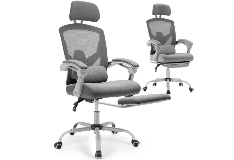 Refined Living Bürostuhl Chefsessel Bürostuhl Ergonomisch Verstellbare Kopfstütze 120 Kg (Stuhl mit hoher Rückenlehne Armlehnen mit Netzpolsterung Gaming stuhl, 1 St), Drehstuhl mit Rollen mit Lendenkissen und ausziehbarer Fußstütze von Refined Living