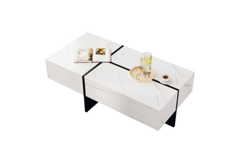 Refined Living Couchtisch Hochglänzender Kaffeetisch Rechteckiger Wohnzimmertisch mit Schubladen (100*50*34,5cm, Wohnzimmer Couchtisch mit Stauraum, 1-St., Wohnzimmermöbel mit App-gesteuertem LED-Beleuchtungssyste), mit Marmoroptik, Praktischer Stauraum, Hochwertige Materialien von Refined Living