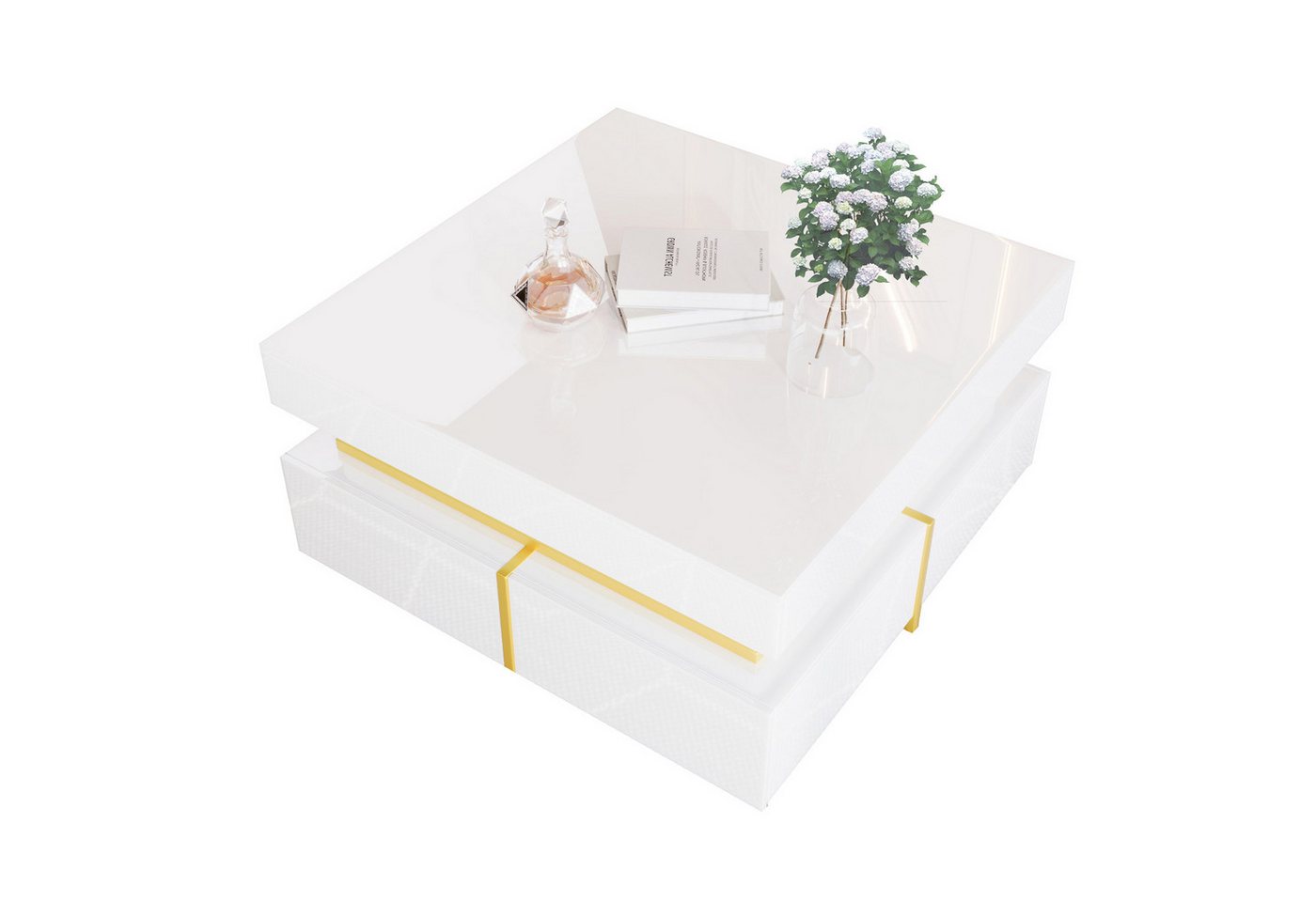 Refined Living Couchtisch Hochglanz-Wohnzimmertisch Beistelltisch mit Schubladen Sofatisch (modernes Kaffeetisch Wohnzimmermöbel, 1-St., 2 Schubladen mit Stauraum und goldenen Akzenten Langlebig und robust), Quadratischer Couchtisch Hochwertige Materialien 70*35.5*70cm von Refined Living