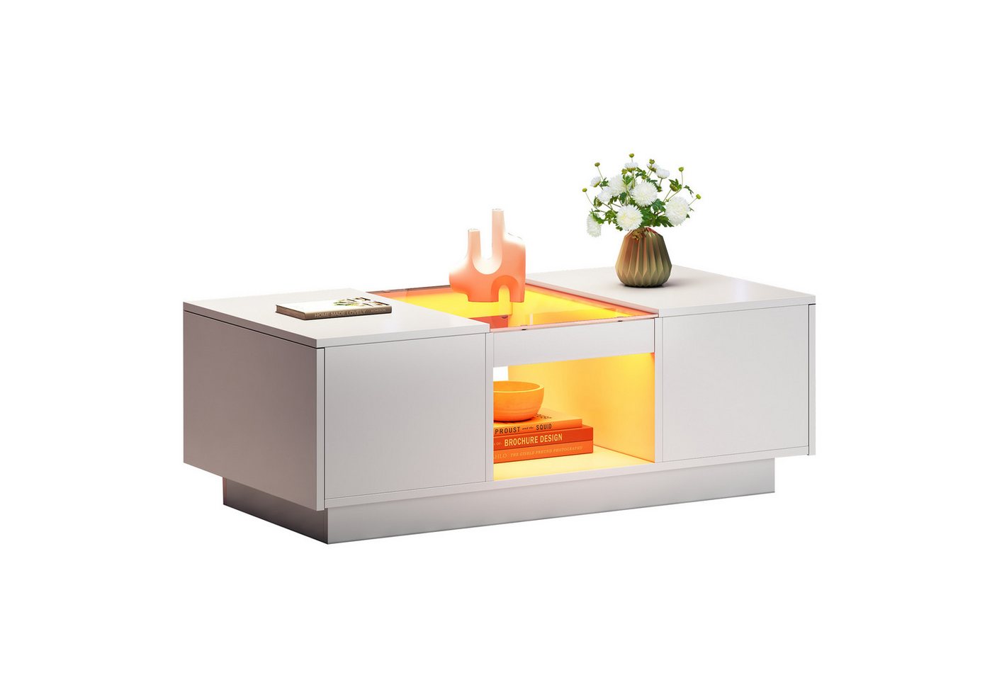 Refined Living Couchtisch Hochglanz Wohnzimmertisch Rechteckiger Sofatisch mit LED-Beleuchtung (100x50x35,5cm, 1-St., Beistelltisch mit 2 Schubladen und 1 offenes Fach), Weißer Couchtisch mit Glasverkleidung, App-Steuerung Robust, langlebig von Refined Living