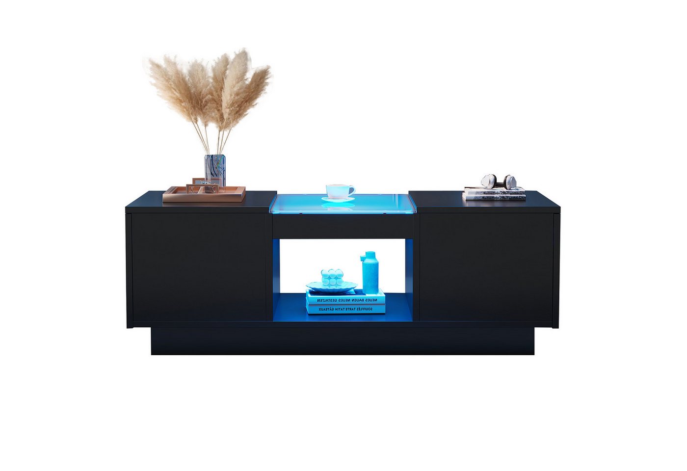 Refined Living Couchtisch Hochglanz Wohnzimmertisch Rechteckiger Sofatisch mit LED-Beleuchtung (100x50x35,5cm, 1-St., Beistelltisch mit 2 Schubladen und 1 offenes Fach), Weißer Couchtisch mit Glasverkleidung, App-Steuerung Robust, langlebig von Refined Living