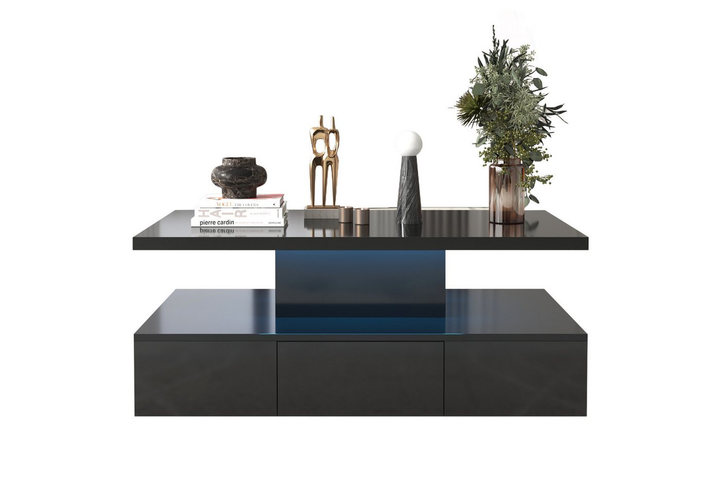 Refined Living Couchtisch Quadratischer Couchtisch Hochglanz-Couchtisch Wohnzimmertisch (100 x 50 x 39 cm, Tisch mit Schubladen, moderner technologischer Stil, Büro-Mitteltisch), Beistelltisch mit zwei Ablageebenen, Mit LED-Licht von Refined Living