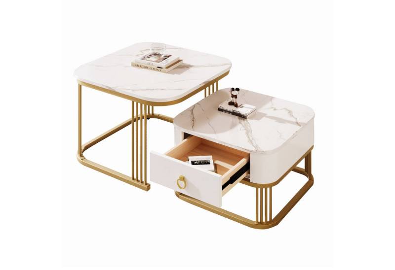 Refined Living Couchtisch Stapelbarer Couchtisch Wohnzimmertisch zweiteiliges Set (2er-Set. Stapelbarer Satztisch, 2-St., hochglänzende Marmoroptik, Glasplatte, Metallrahmen), Beistelltisch mit Schubladen, 60*60*45+50*50*34 cm von Refined Living