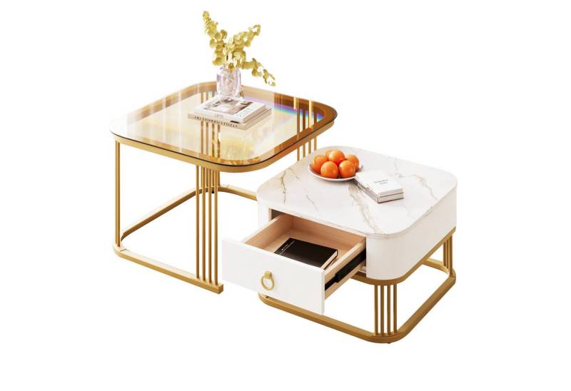 Refined Living Couchtisch Stapelbarer Couchtisch Wohnzimmertisch zweiteiliges Set (2er-Set. Stapelbarer Satztisch, 2-St., hochglänzende Marmoroptik, Glasplatte, Metallrahmen), Beistelltisch mit Schubladen, 60*60*45+50*50*34 cm von Refined Living