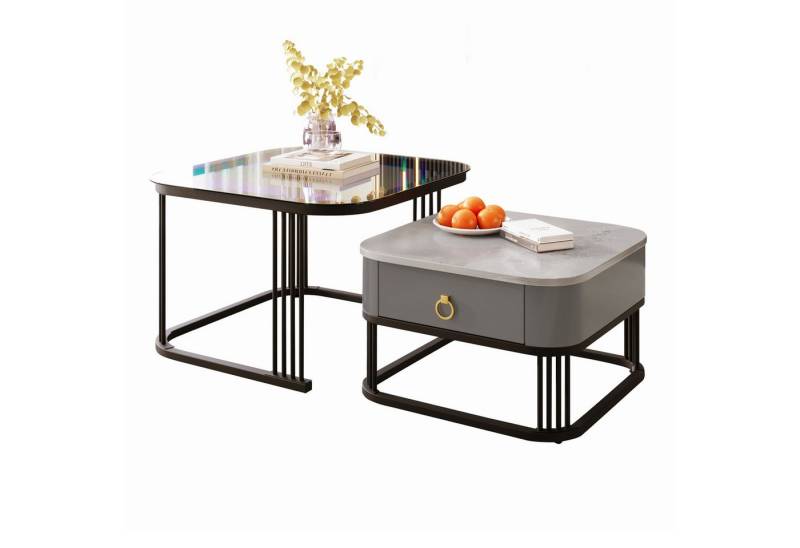 Refined Living Couchtisch Stapelbarer Couchtisch Wohnzimmertisch zweiteiliges Set (2er-Set. Stapelbarer Satztisch, 2-St., hochglänzende Marmoroptik, Glasplatte, Metallrahmen), Beistelltisch mit Schubladen, 60*60*45+50*50*34 cm von Refined Living