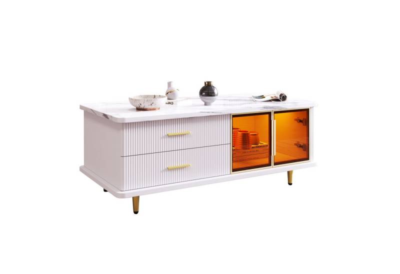 Refined Living Couchtisch Wohnzimmertisch mit Glastüren und Schubladen Sofatisch Beistelltisch (1-St., Marmoroptik mit LED-Beleuchtung), TV-Board mit Metallfüße von Refined Living