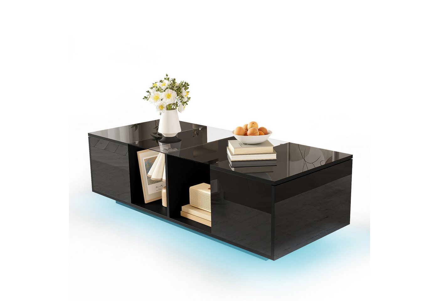 Refined Living Couchtisch mit LED, hochglänzender Tischplatte, Beistelltisch mit Glasplatte (120 x 50 x 38,5 cm, Wohnzimmertisch modern, Hochglanz Couchtisch mit Stauraum, Sofatisch, Kaffeetisch, Rechteckiger Couchtisch, 1-St., mit offene Lagerung, Hochglanzmöbel), Praktischer Stauraum, Hochwertige Materialien & Stabilität von Refined Living
