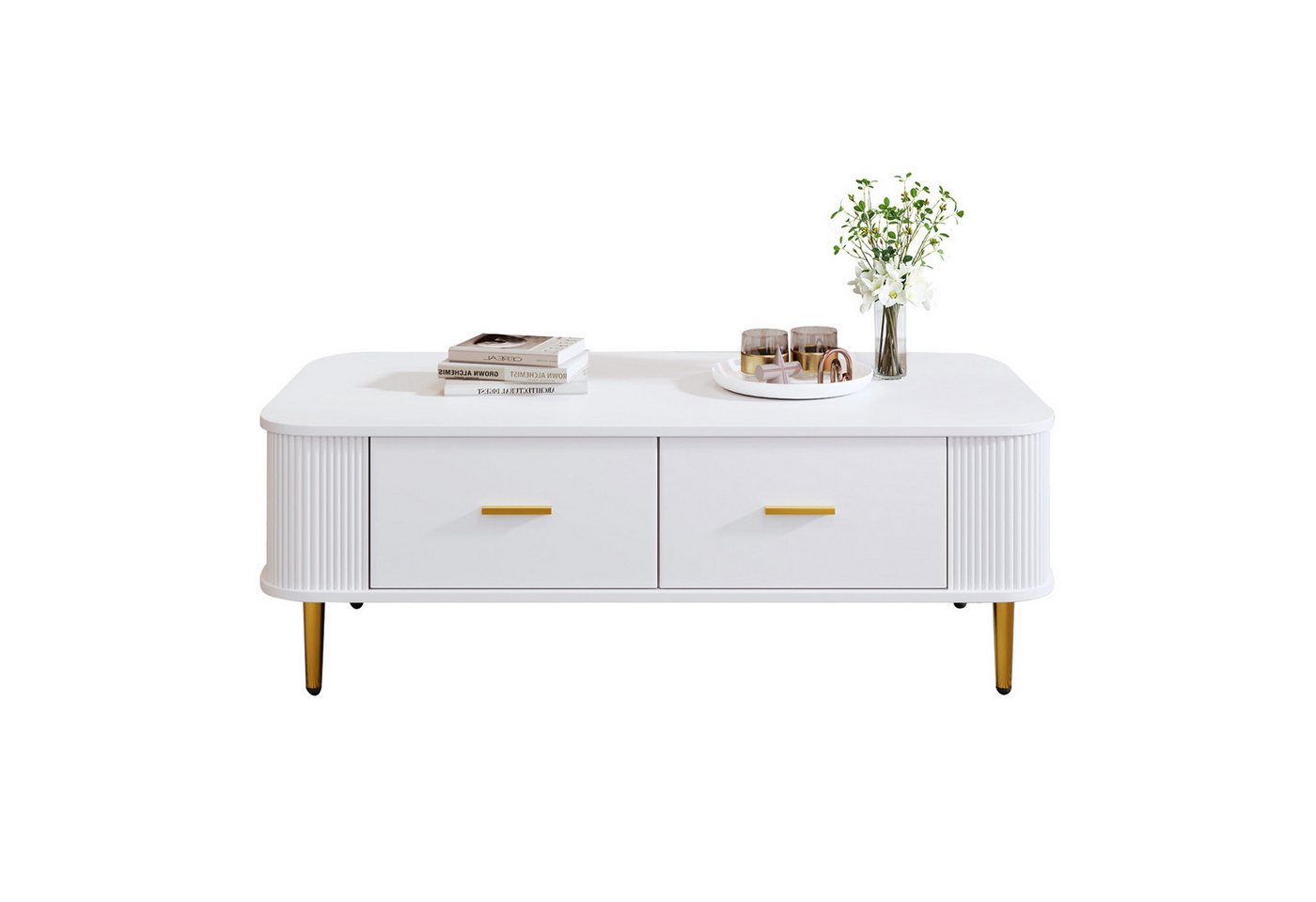 Refined Living Couchtisch mit Schubladen, Wohnzimmertisch mit gewellten Seiten, Beistelltisch (105*51*38cm, Wohnzimmertisch, Sofatisch, 1-St., mit goldenen Griffen und Beinen,geschwungenen Ecken,Tisch für Familien), Möbel mit Stauraum, Langlebiges Material, Einfache Nutzung von Refined Living