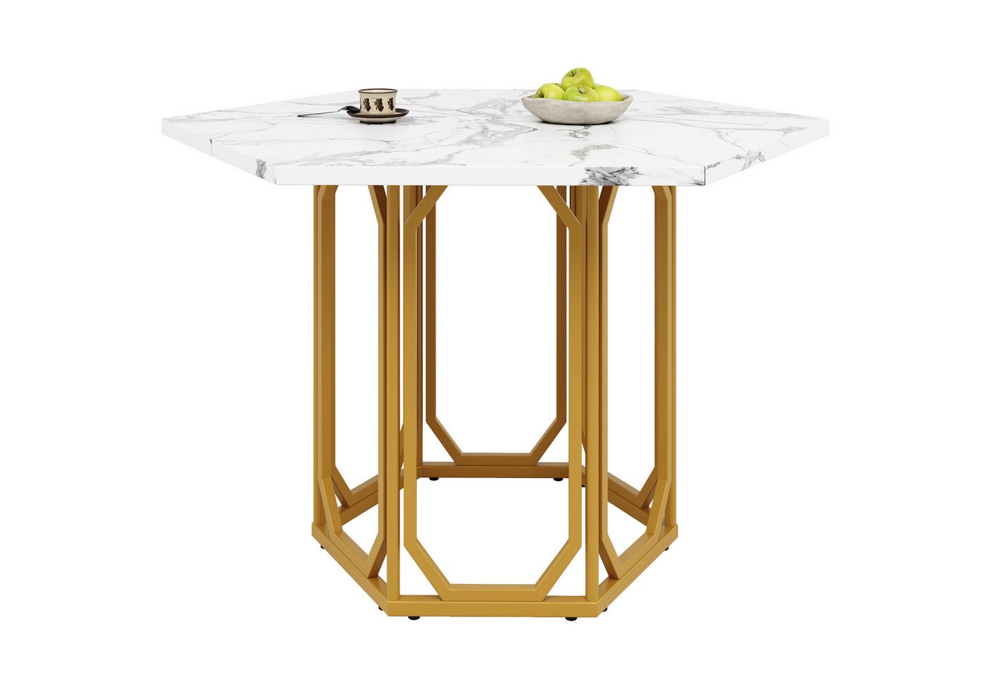 Refined Living Esstisch Sechseckiger Esstisch mit Marmormuster, Küchentisch, Frühstückstisch (Wohnzimmertisch 110 × 95 cm, Marmor-Optik Tisch, Esstisch Metallbeine Gold, Esszimmer Tisch Stilvoll, Tisch mit verstellbaren Füßen, Robustes Metallgestell, 1-St., Arbeitstisch,Sechseckiges Design,großzügige Tischplatte,mit metallbein), für Esszimmer, Küche, Wohnzimmer, Büro,Familienessen,Wohnung von Refined Living