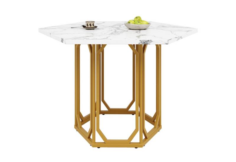 Refined Living Esstisch Sechseckiger Esstisch mit Marmormuster, Küchentisch, Frühstückstisch (Wohnzimmertisch 110 × 95 cm, Marmor-Optik Tisch, Esstisch Metallbeine Gold, Esszimmer Tisch Stilvoll, Tisch mit verstellbaren Füßen, Robustes Metallgestell, 1-St., Arbeitstisch,Sechseckiges Design,großzügige Tischplatte,mit metallbein), für Esszimmer, Küche, Wohnzimmer, Büro,Familienessen,Wohnung von Refined Living