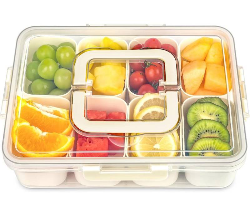 Refined Living Frischhaltedose Snackbox mit 8 Fächern, Servierplatte, Snackschale mit Deckel & Griff, Lebensmittelechtes PP, (Tragbarer Snack Organizer, Snackdose mit Deckel, Vorratsdose mit Fächern, Aufbewahrungsbox Snacks, Obstbox Kinder, Bento Box Organizer, Picknick Snackbox, Party Snacktablett, Picknick-Box, Lebensmittelechtes Premium-Material, Kühlschrank-Organizer, Geschenkbox, 1-tlg., BPA-frei, Tragbar & auslaufsicher, 8 herausnehmbare Fächer), für Snacks, Obst, Nüsse, Süßigkeiten, Dips, Gewürze, Schmuck, Werkzeug von Refined Living