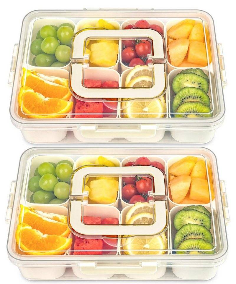 Refined Living Frischhaltedose Snackbox mit 8 Fächern, Servierplatte, Snackschale mit Deckel & Griff, Lebensmittelechtes PP, (Tragbarer Snack Organizer, Snackdose mit Deckel, Vorratsdose mit Fächern, Aufbewahrungsbox Snacks, Obstbox Kinder, Bento Box Organizer, Picknick Snackbox, Party Snacktablett, Picknick-Box, Lebensmittelechtes Premium-Material, Kühlschrank-Organizer, Geschenkbox, 2-tlg., BPA-frei, Tragbar & auslaufsicher, 16 herausnehmbare Fächer), für Snacks, Obst, Nüsse, Süßigkeiten, Dips, Gewürze, Schmuck, Werkzeug von Refined Living