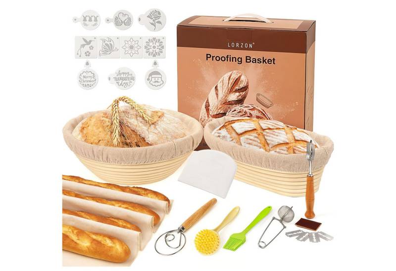 Refined Living Gärkorb Gärkorb zum Brotbacken Bäckermesser Brotbackform Gärkörbchen Oval, (Oval 25 cm und Rund 22cm Innen mit Leinentuch Nachhaltig und Natürlich 1-tlg), 10 stück Backen Zubehör Brotkorb Teigschneider Gärfolie Brot Rattan von Refined Living