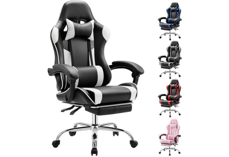 Refined Living Gaming-Stuhl Ergonomie Gaming chair Verstellbare Neigung 360° leise Rollen PU (mit Fußstütze, Kopfstütze Massage-Lendenkissen Gepolstert Bürostuhl, 1 St), Drehstuhl auf der Rückseite Höhenverstellbar Computerstuhl von Refined Living