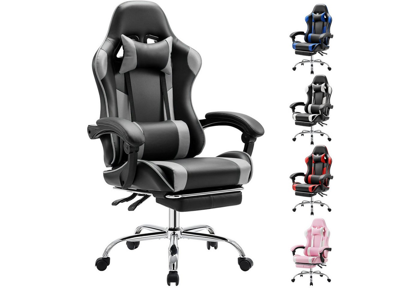 Refined Living Gaming-Stuhl Ergonomie Gaming chair mit Fußstütze, Kopfstütze Massage-Lendenkissen (Verstellbare Neigung auf der Rückseite Höhenverstellbar Computerstuhl), Gepolstert Bürostuhl  Drehstuhl 360° für Erwachsene Mädchen Junge von Refined Living