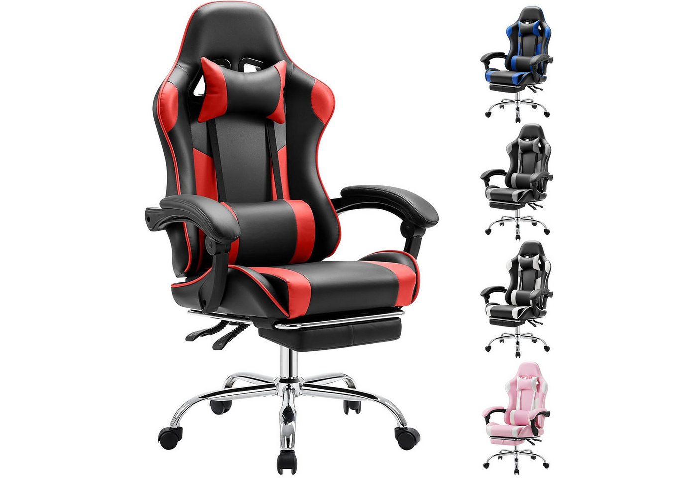 Refined Living Gaming-Stuhl Ergonomie Gaming chair mit Fußstütze, Kopfstütze Massage-Lendenkissen (Verstellbare Neigung auf der Rückseite Höhenverstellbar Computerstuhl), Gepolstert Bürostuhl  Drehstuhl 360° für Erwachsene Mädchen Junge von Refined Living