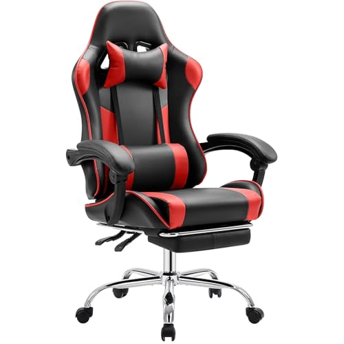 Refined Living Gaming Stuhl Ergonomischer Computer-Gaming-Stuhl，Gaming Stuhl Stoff，PU Leder Hohe Rückenlehne Verstellbarer Drehsessel mit Fußstütze Computer Chair for Home Office (schwarz rot) von Refined Living