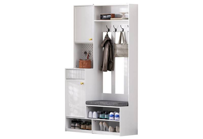 Refined Living Garderoben-Set 6-in-1 Garderobenset,Flurgarderobe mit Sitzbank & Stauraum, Flurmöbel, (Kompaktmaße 100×180×35 cm (B×H×T), Garderobe mit 4 Kleiderhaken, 2 Türen, offenem Stauraum,Aufbewahrungsschrank,Komplettes Flur-Set Garderobe mit Schubladen, Multifunktionale Garderobe, Modernes Garderobenmöbel, Eingangsbereich Möbel, Schuhschrank, Sideboard, Highboard, Kommode, 1-St., Sicher & robust, Mit Kippsicherung, Vielseitiger Stauraum), für Flur,Wohnzimmer, Eingangsbereich,Waschküche,Wohnung,Schlafzimmer von Refined Living